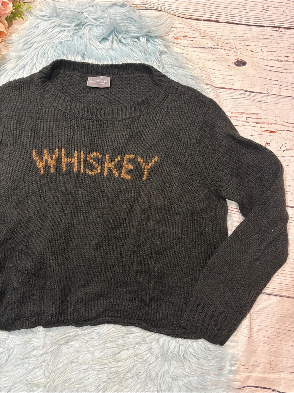 Wooden Ships Whiskey Cozy Knit Black Crew Neck Sweater